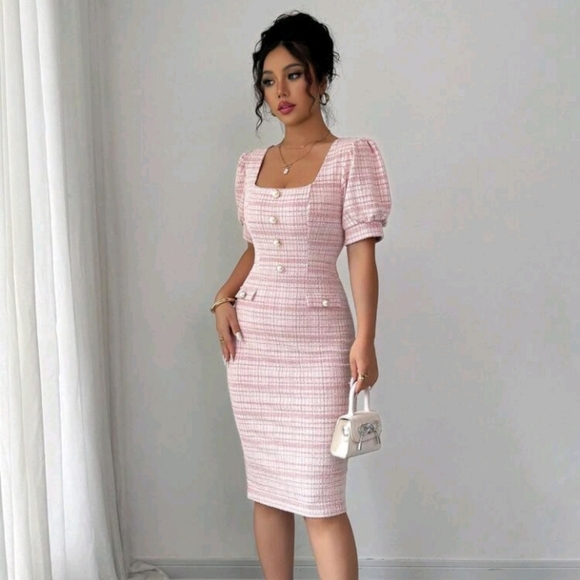 Women's Elegant Romantic Puff Sleeve Boat Neck Waisted Form-Fitting Mini Dress - Picture 3 of 4